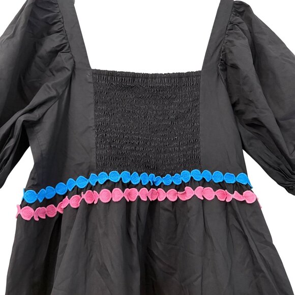 Crosby by Mollie Burch Saylor Black Rainbow Embroidered Puff Square Neck Dress S - Picture 7 of 9